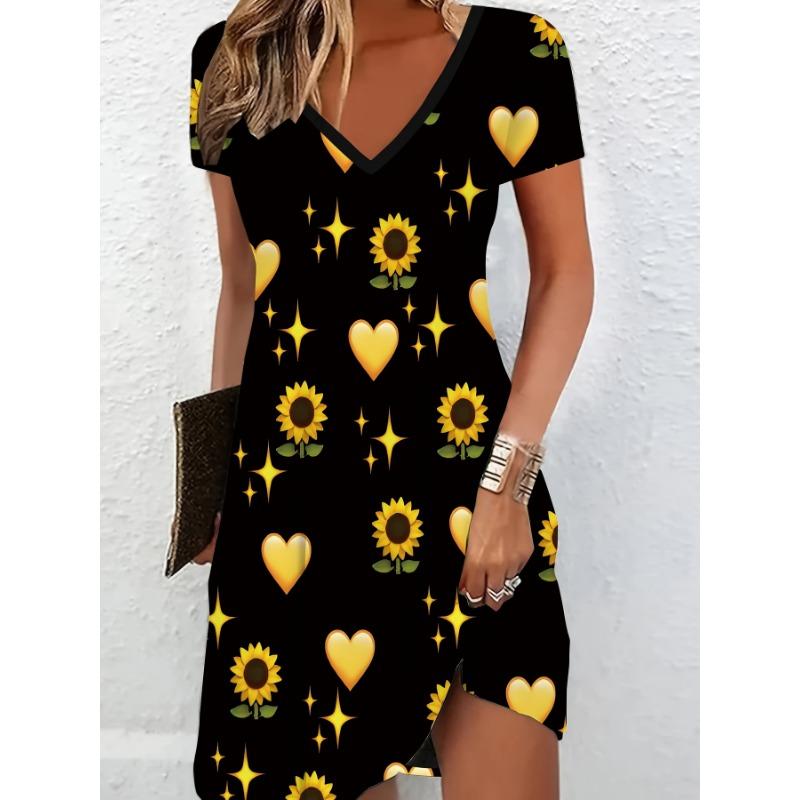 

V-neck short sleeved casual elegant dress, Valentine s Day love, rose, flower pattern, suitable for all seasons, printed women s dress clothing XL