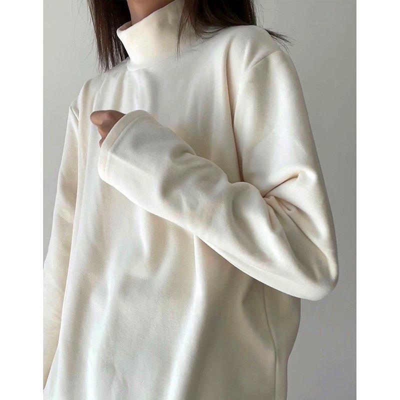 

Women s Double-Sided Fleece Brushed T-Shirt: Thick, Semi-High Neck, Loose Long Sleeve for Spring, Autumn, Winter Large білий