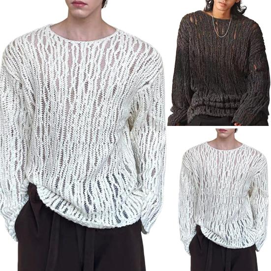 Men Sweater Round Neck Long Sleeve Hollow Out Sexy Perspective Pullover Tops Solid Color Knitting Tops Casual Work Street Wear