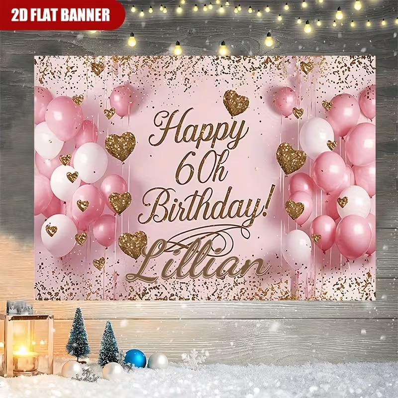 

2D Personalized 60th Birthday Backdrop, Pink Glitter Heart Celebration Photography 47.2x31.5inch/120*80cm