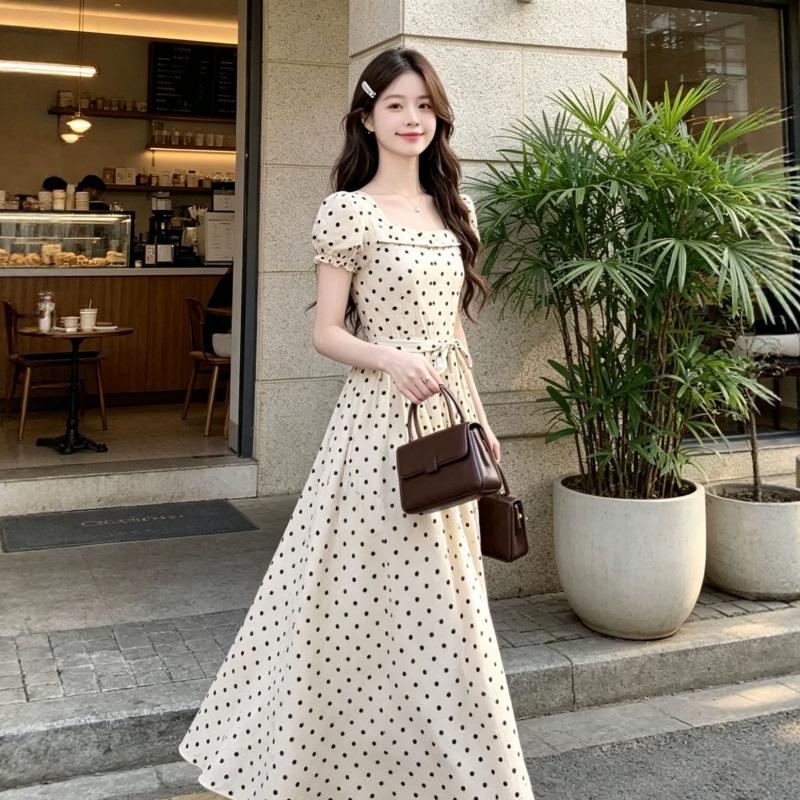 Large Size Fat Mm Bubble Sleeve Polka Dot Dress Women's Summer Dress Seaside Vacation Long Skirt