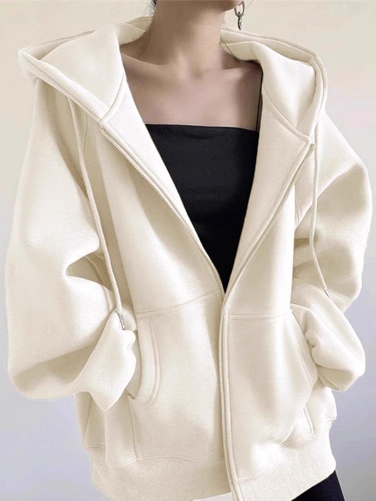 Solid Color Women's Hooded Fleece-Lined Cardigan Jacket - American Retro Lazy Style for 2025 Autumn/Winter
