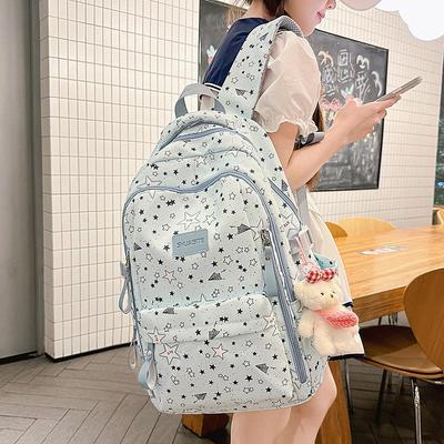 Mochila Feminina de Grande Capacidade com Estampa Floral e de Estrelas para Estudantes do Ensino Médio e Universitárias