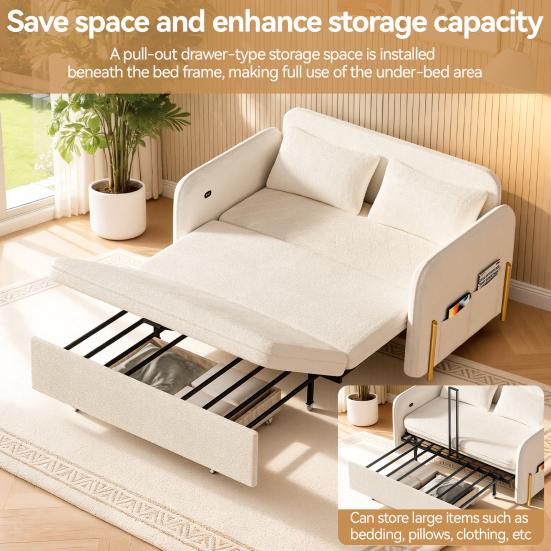 Convertible Sleeper Sofa 3-In-1 Bed, Boucle Loveseat with Put Out Bed And Drawer, Couch Love Seat Side Pockets, 2 Pillows, USB Ports Gold Metal Legs,