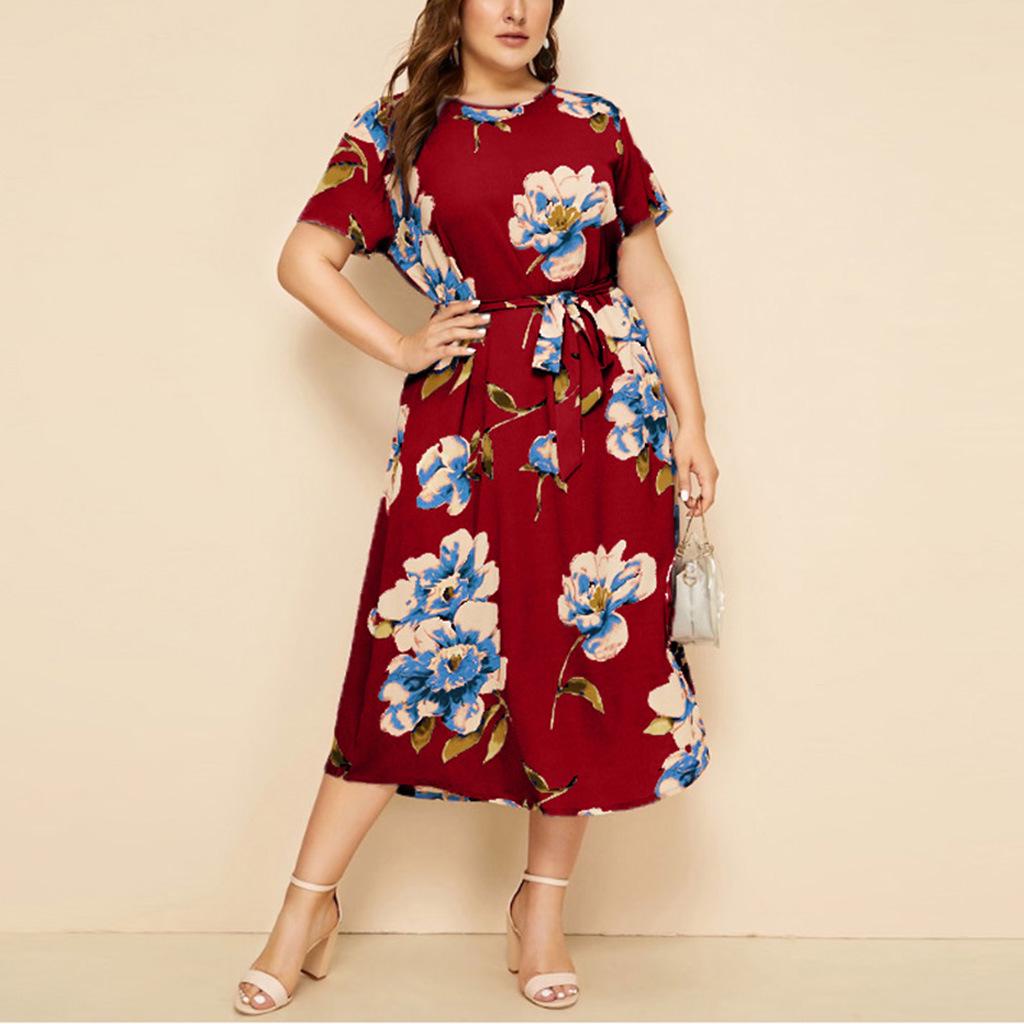 Women's Plus Size Printed Midi Dress - Round Neck, Short Sleeve, Waist-Cinched, European American Style