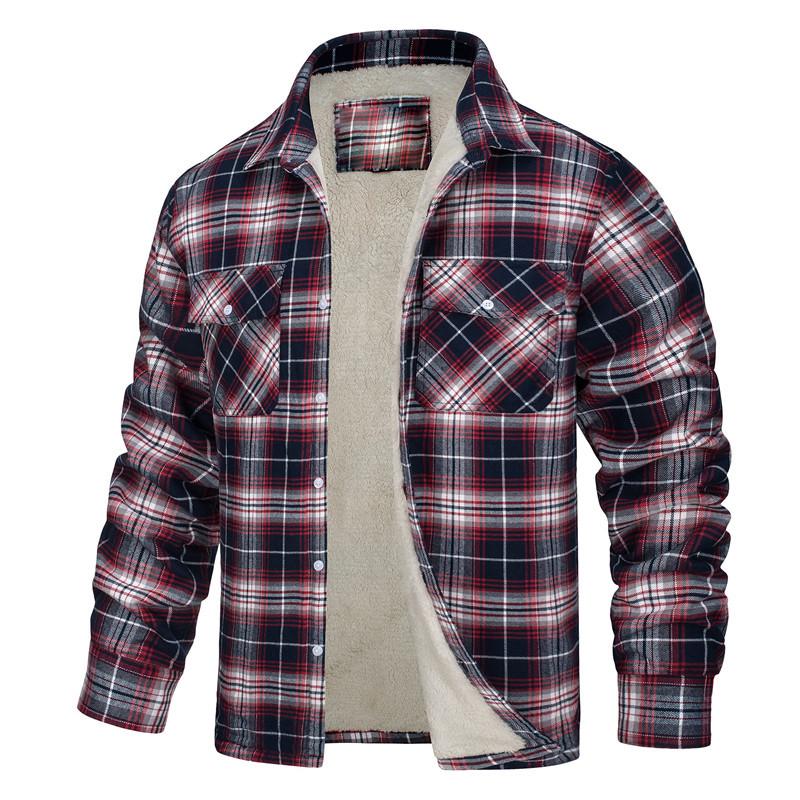Men's 2023 Fleece-Lined Plaid Jacket - Long-Sleeve, Turn-Down Collar, Single-Breasted, Loose Fit