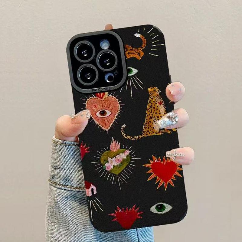 

Heart Shaped Leopard Silicone Black Leather Case For iPhone 15 16 Pro Max 14 Plus 11 12 13 Mini X XS XR Soft Matte Full Cover For iPhone X XS