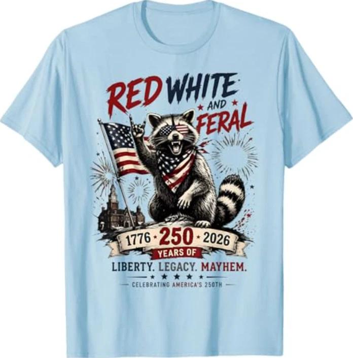Red White Feral Raccoon America 250th Patriotic Men Women T-Shirt M