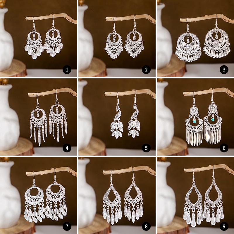 Miao Silver Tassel Dangle Earrings: Ethnic-Style Studs for Women