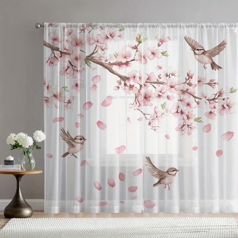 1PC Watercolor Cherry Blossom & Sparrow Sheer Curtains - Romantic Floral Bird Window Drapes 39Wx51L(100x130CM)&Rod Pocket