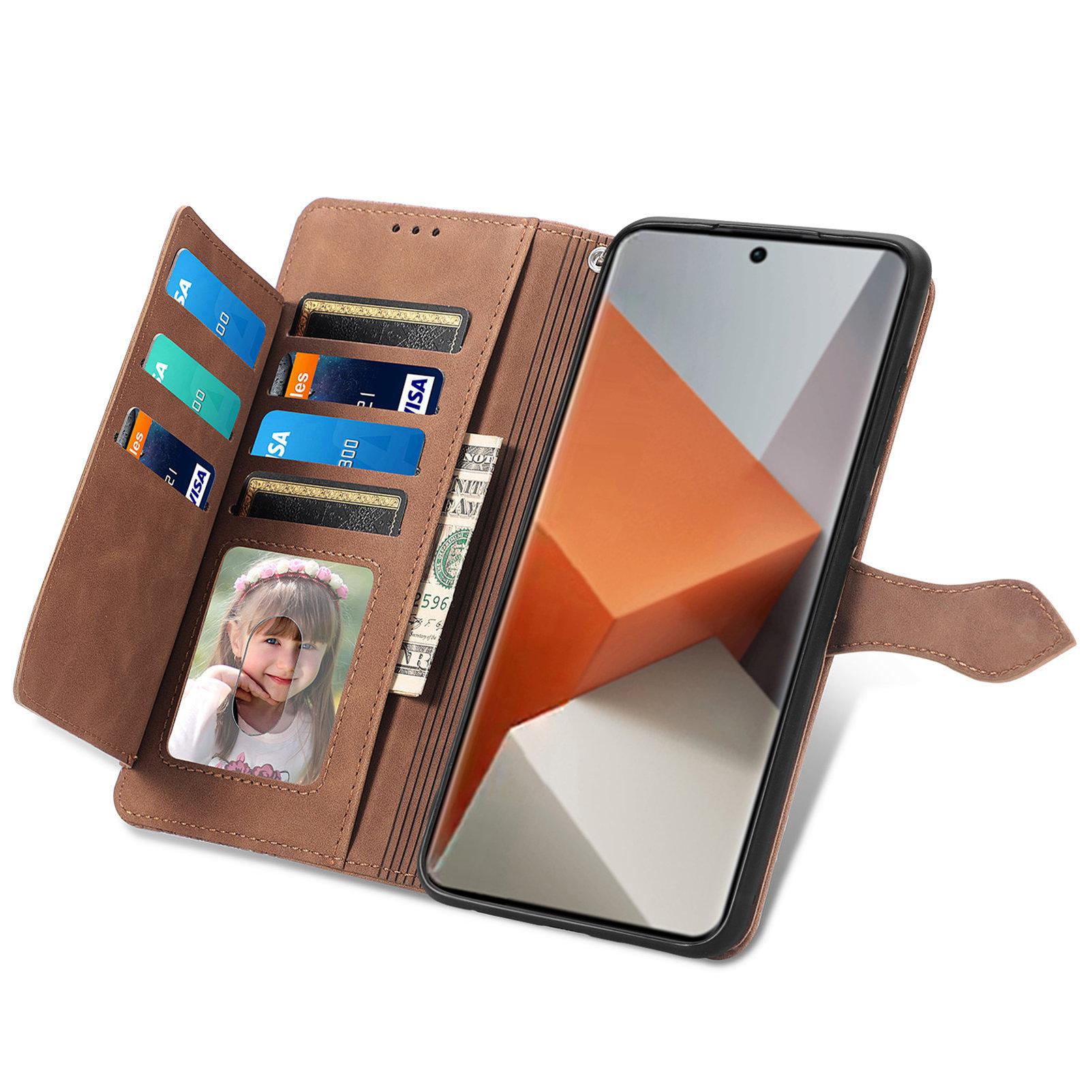 

For Xiaomi Redmi Note 13 Pro+ 5G Zipper Wallet Case with Strap Flower Imprint PU Leather Phone Cover Brown