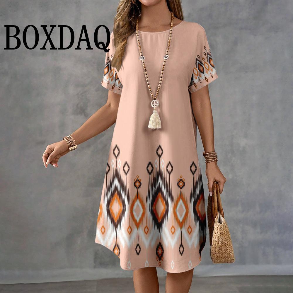 Letnie Retro Etniczny Nadruk Krótki Rękaw Casual Damska O-Neck Długość do Kolana Modne Eleganckie Damskie Sukienki A-Line