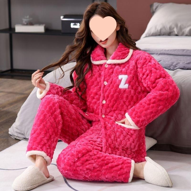 Pajamas women's winter warm winter fleece thickened coral fleece three layers of cotton autumn and winter women's loungewear