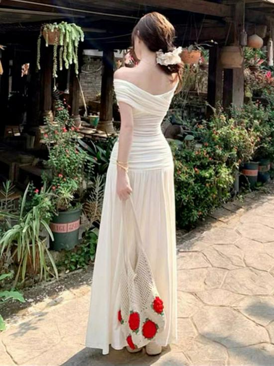 Women's French White Off-Shoulder Top & Knit Midi Skirt Set - Gentle Spring Design