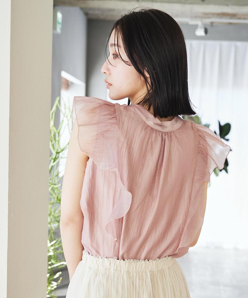 Washable Shiny Bowtie Frill Front and Pink [BIS] Women's Blouse, 2-Way Back, (63)