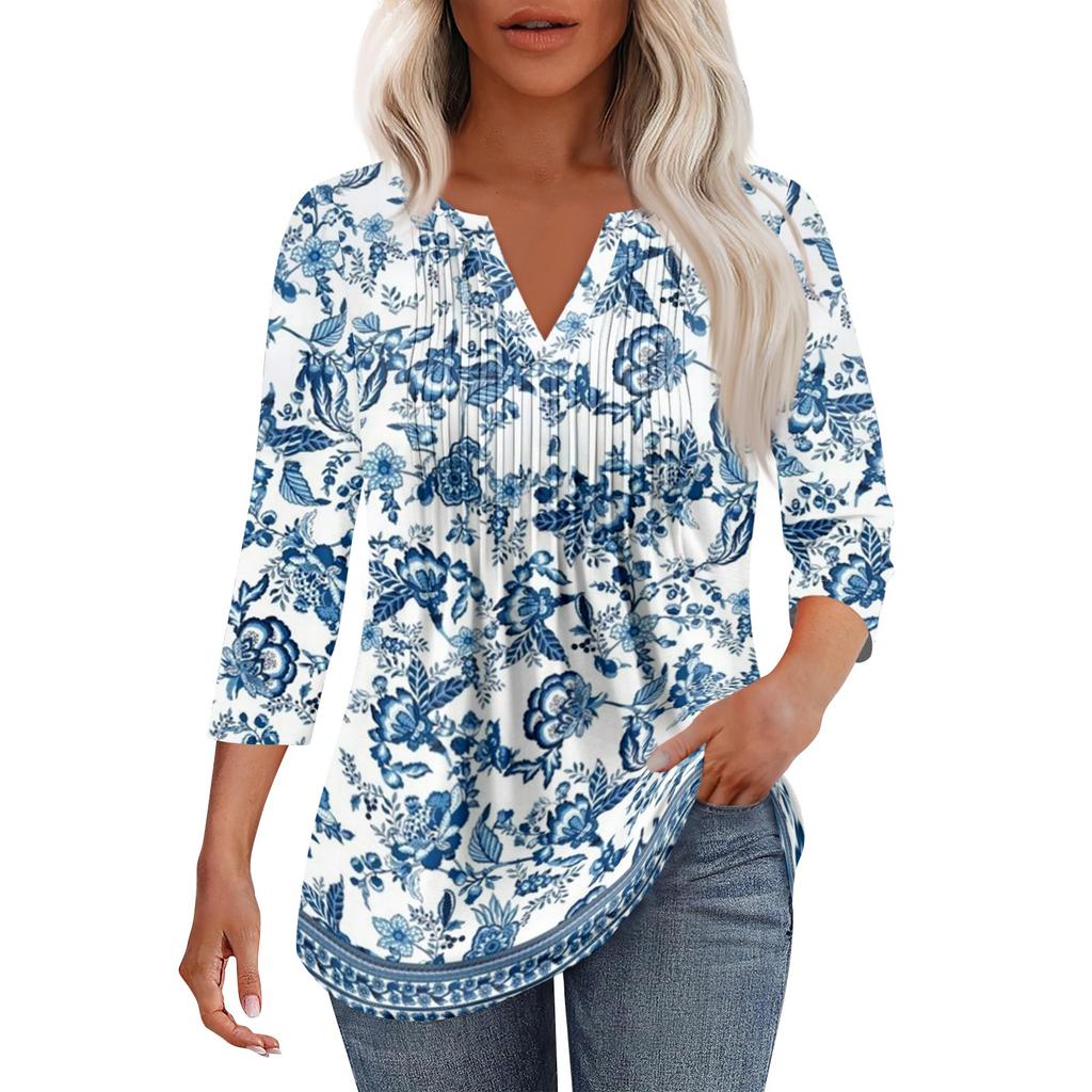 Damska modna, swobodna, plisowana koszulka z dekoltem w serek i jednolitym kolorem, z rękawem 7/4