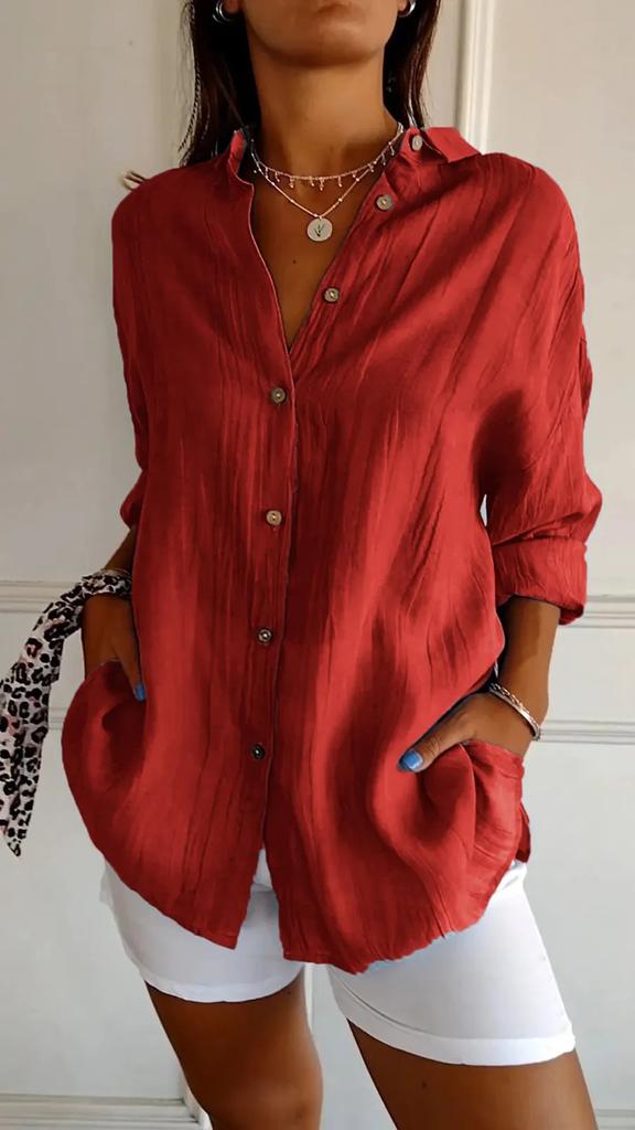 VEZFAA Women's Fashion Casual Spring Autumn Solid Color Print Long Sleeve POLO Neck Blouses & Shirts