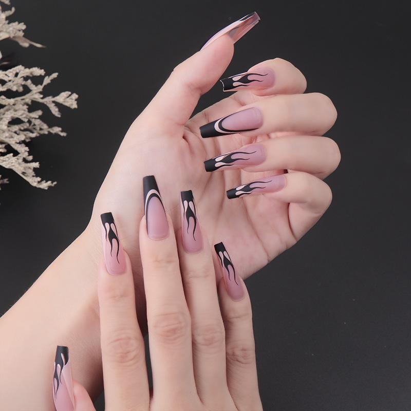 24Pcs Marble Gradient Long Coffin False Nails Detachable Wearable Gold Foil Ballerina Fake Nails Full Cover Nail Tips Press Glue