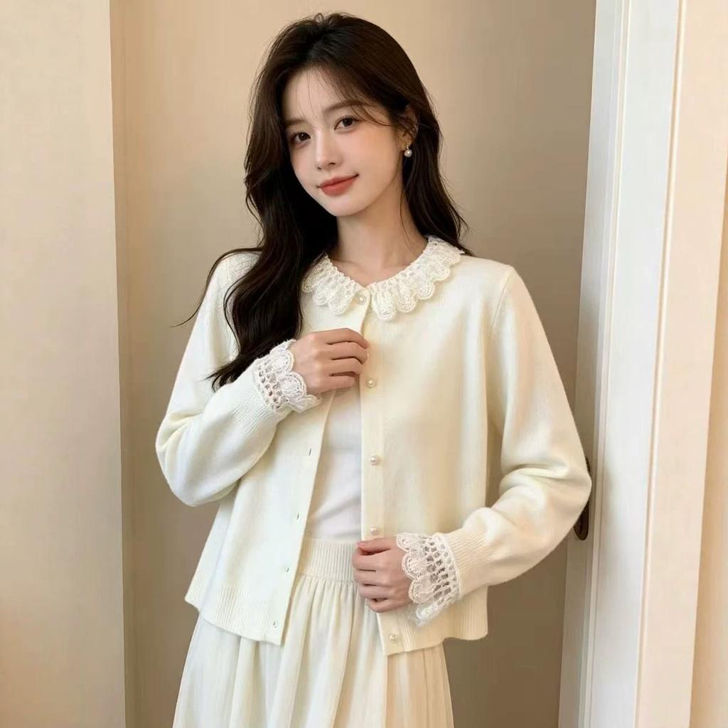 Lace lace knitted cardigan heavy industry autumn new French small fragrant lace splicing versatile knitted sweater jacket