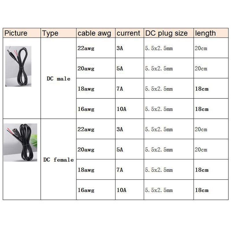 0.2M 0.18M 5.5x2.5MM 2pin DC Male Female 22/20/18/16awg Power Connector Plug Cable Wire Supply Repair Cable 5525 DC5525 Pigtails