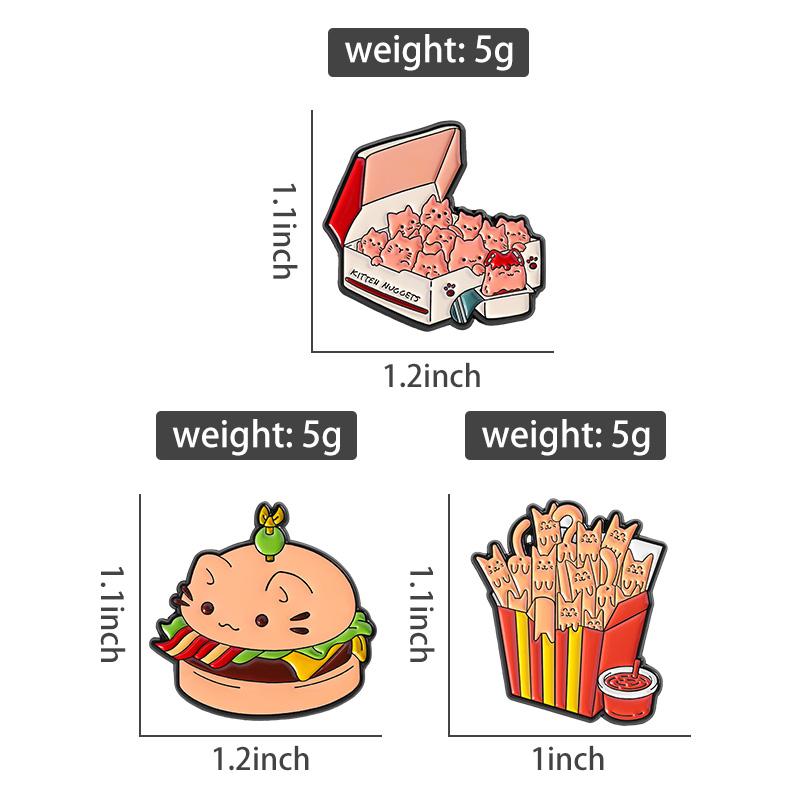 Cat Burger Enamel Pins Custom Cute Cat French Fries Brooches Lapel Badges Clothes Animal Jewelry Gift for Kids Friends