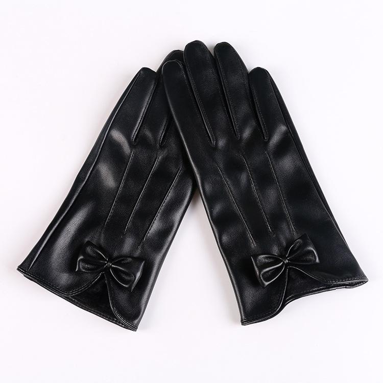 Women's warm leather gloves new winter gloves bow fleece thickened cold-proof cycling touch screen gloves