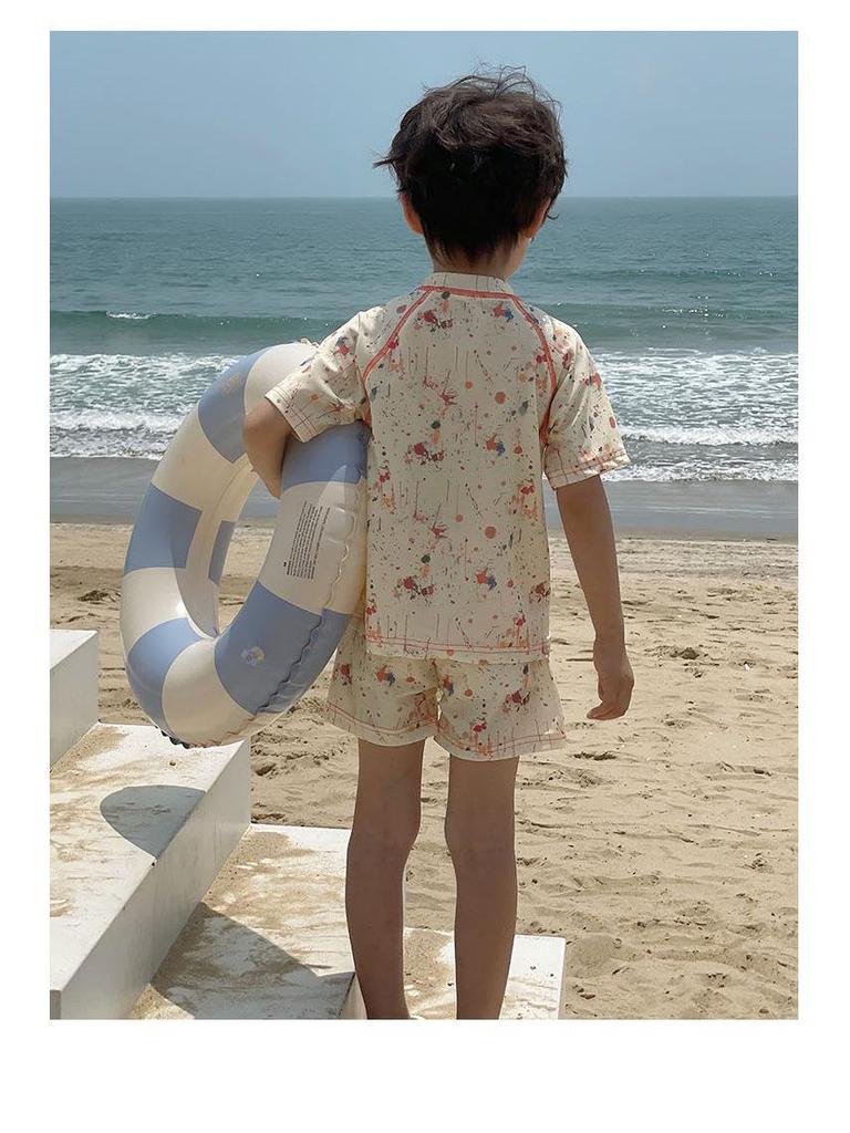 Colorful Cartoon Swimsuit Set for Kids: Short Sleeve Top & Shorts - Perfect for Beach or Hot Spring Adventures