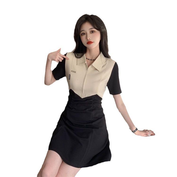 Contrasting Color Design Split-ended Dress Women's Spring and Summer Korean Version of the New POLO Collar Waist Thin Short-sleeved Skirt