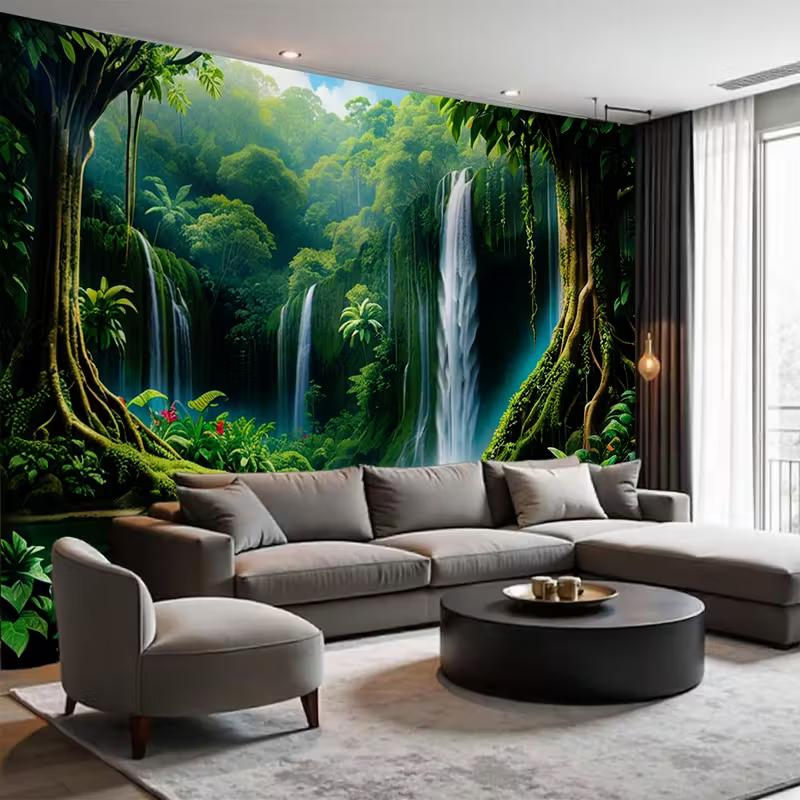 2D Turquoise Pool Waterfall Tapestry Lush Rainforest Photography Background