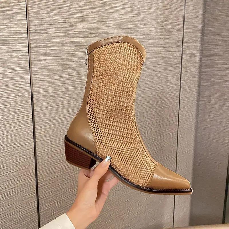 Fashion New Fashion Mesh Sandals Boots Women Mid Heels Shoes Sexy Hollow Out Summer Botas Pointed Toe Heeled Sandals Chaussures Femme