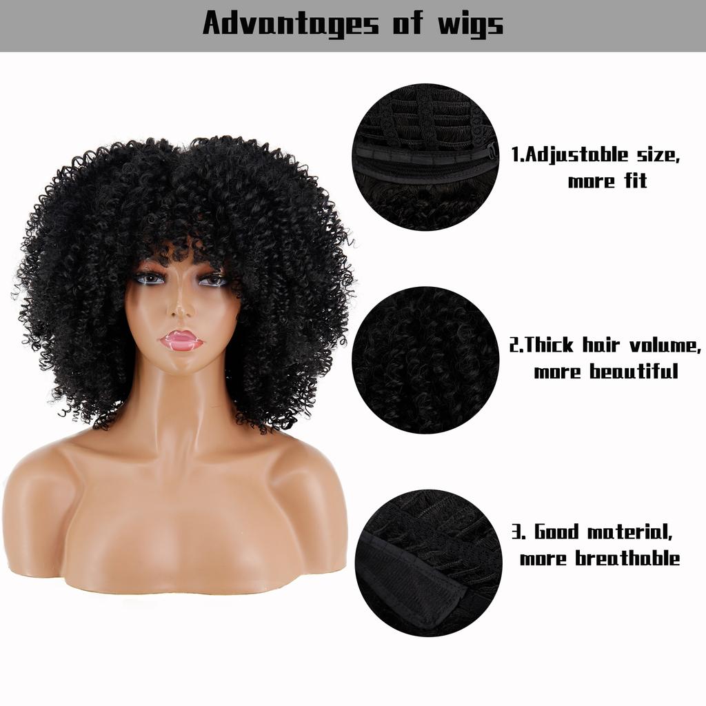MISS WIG African Descent Lady Short Curly Hair Wig with Bangs African Synthetic High Temperature Fiber Wig Black Cosplay Party Daily Wig