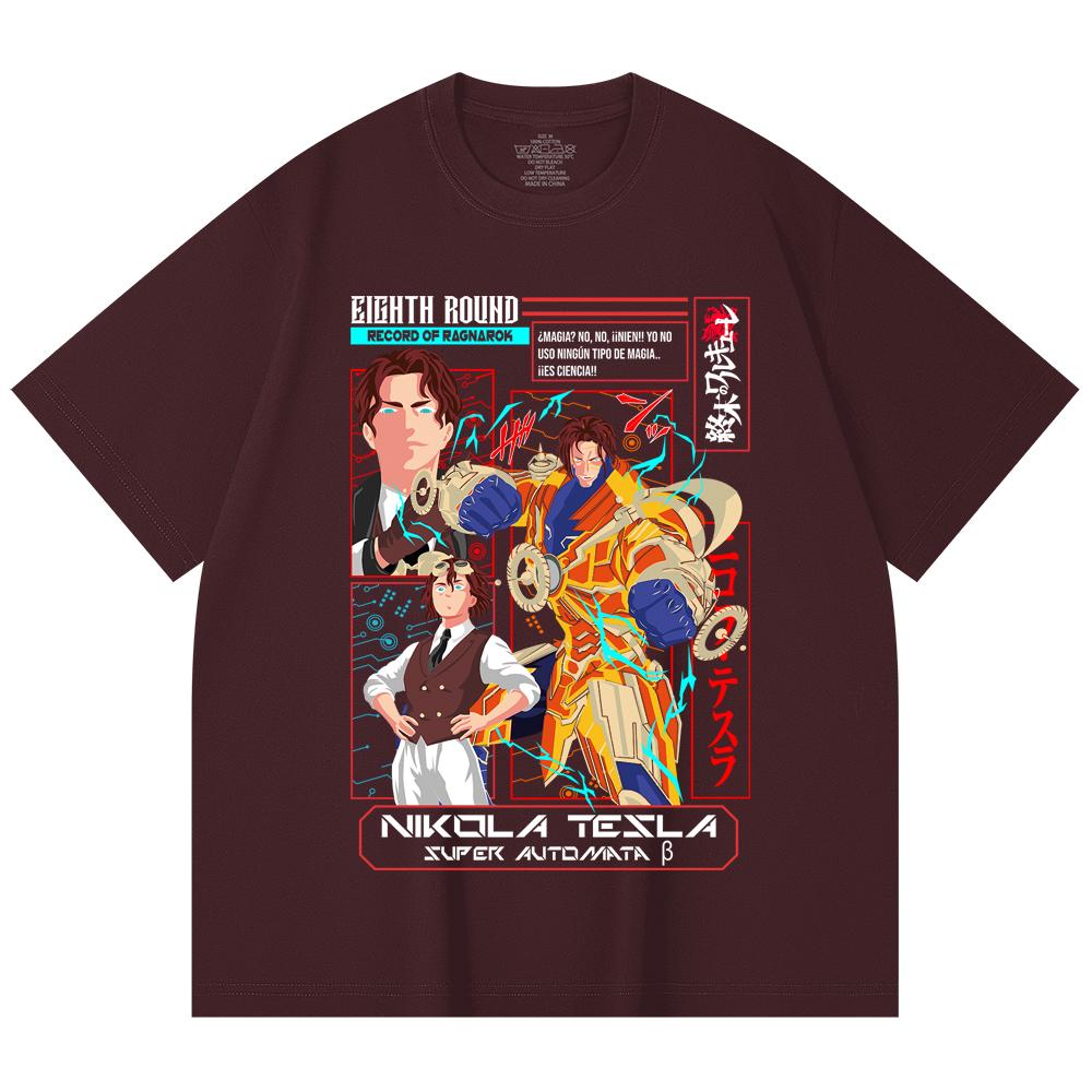 

230 Gsm 100% Cotton Record of Ragnarok V3 Tesla Print Unisex Heavy Cotton T Shirt 2XL вина червоного кольору