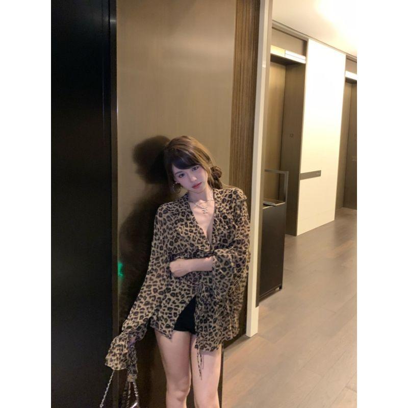 Kumikumi American Style Sexy Leopard Print Ruffles Shirt Women Early Autumn Stylish Mid Length Long Length off-the-Shoulder Sun Protection Top