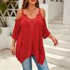 Women Blouse V-Neck 3/4 Sleeves Off Shoulder Straps Pullover Tops Asymmetric Lace Splicing Pure Color Mid-length Summer Tops