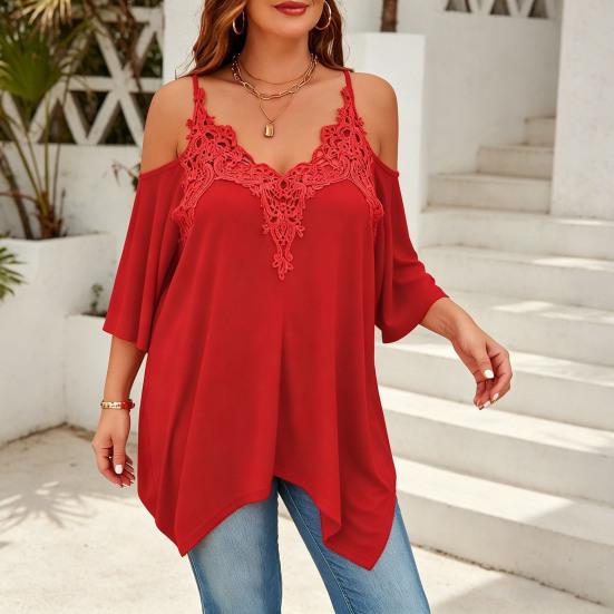 Women Blouse V-Neck 3/4 Sleeves Off Shoulder Straps Pullover Tops Asymmetric Lace Splicing Pure Color Mid-length Summer Tops