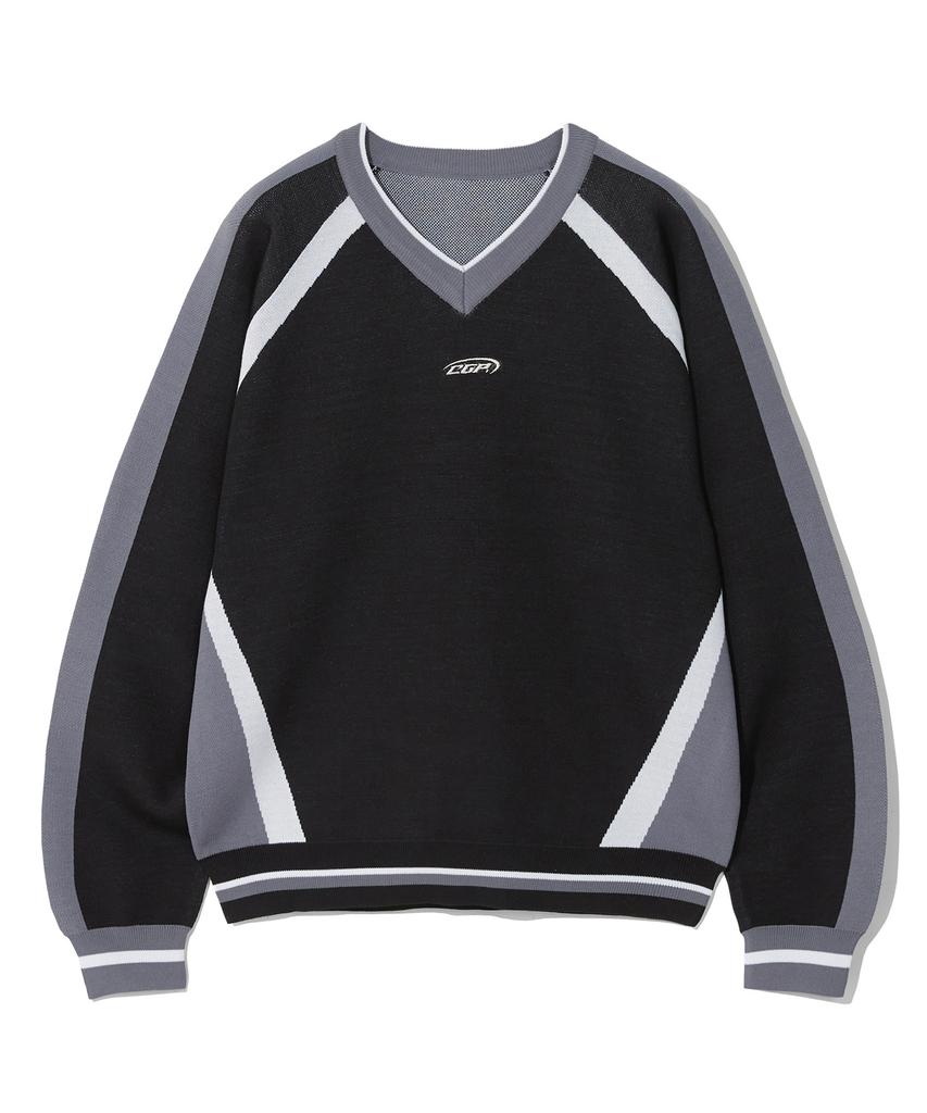 CGP Cgp Line Oversized Color Block V-Neck Knit_Black