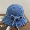 Thin denim bucket hat women's Dongdaemun retro literary bow sunshade basin hat summer
