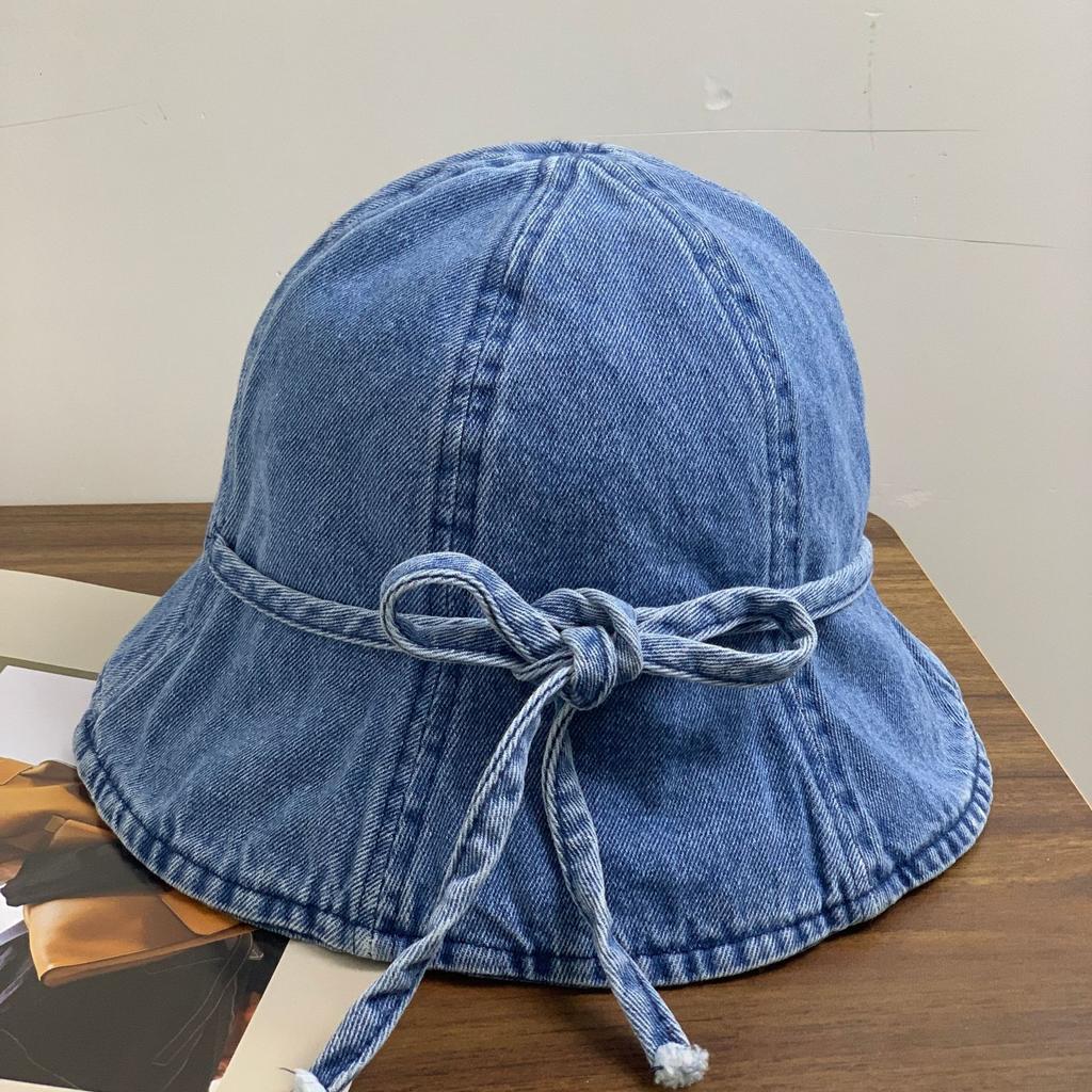 Thin denim bucket hat women's Dongdaemun retro literary bow sunshade basin hat summer