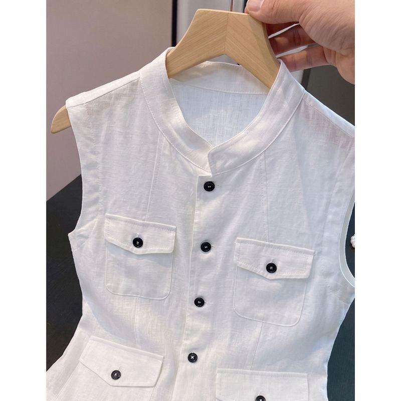 Summer Women Sleeveless White Waistcoat High End Texture Cotton Linen Stand Collar Old Money Style Outer Vest