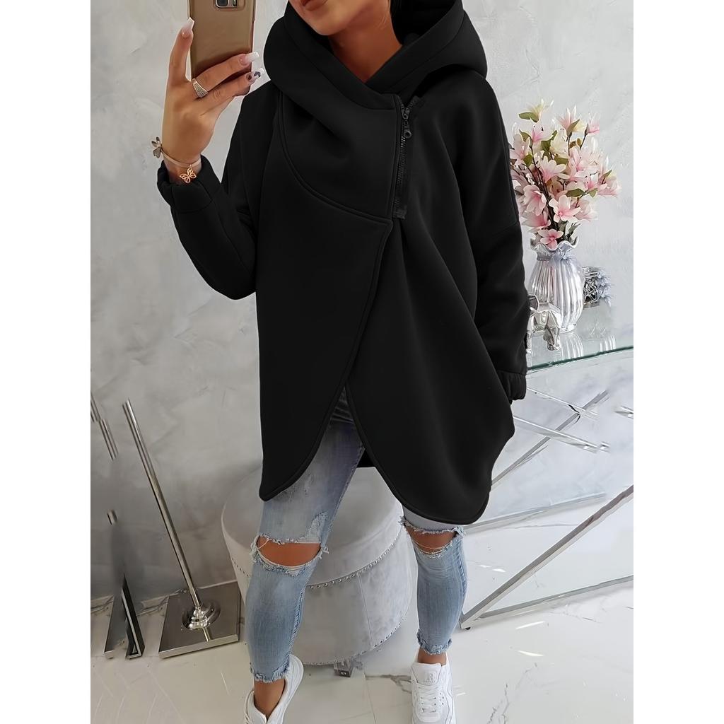 Women's Long Sleeved Casual Black Hooded Jacket Sweatshirt with Front Pocket Zipper Hoodie