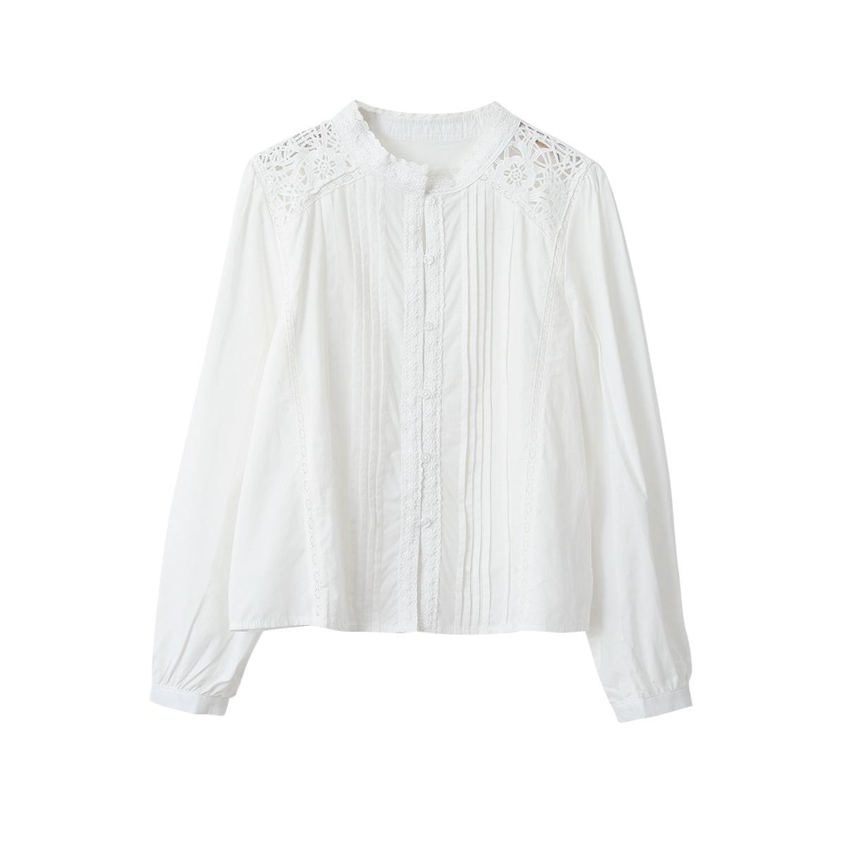 Women s Spring 2026 French Lace Trim Stand Collar Long Sleeve Shirt Medium