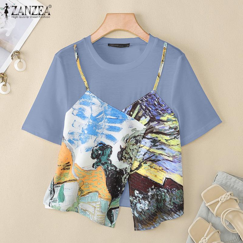 ZANZEA Women Casual Round Neck Loose Short Sleeve Patchwork T-Shirts