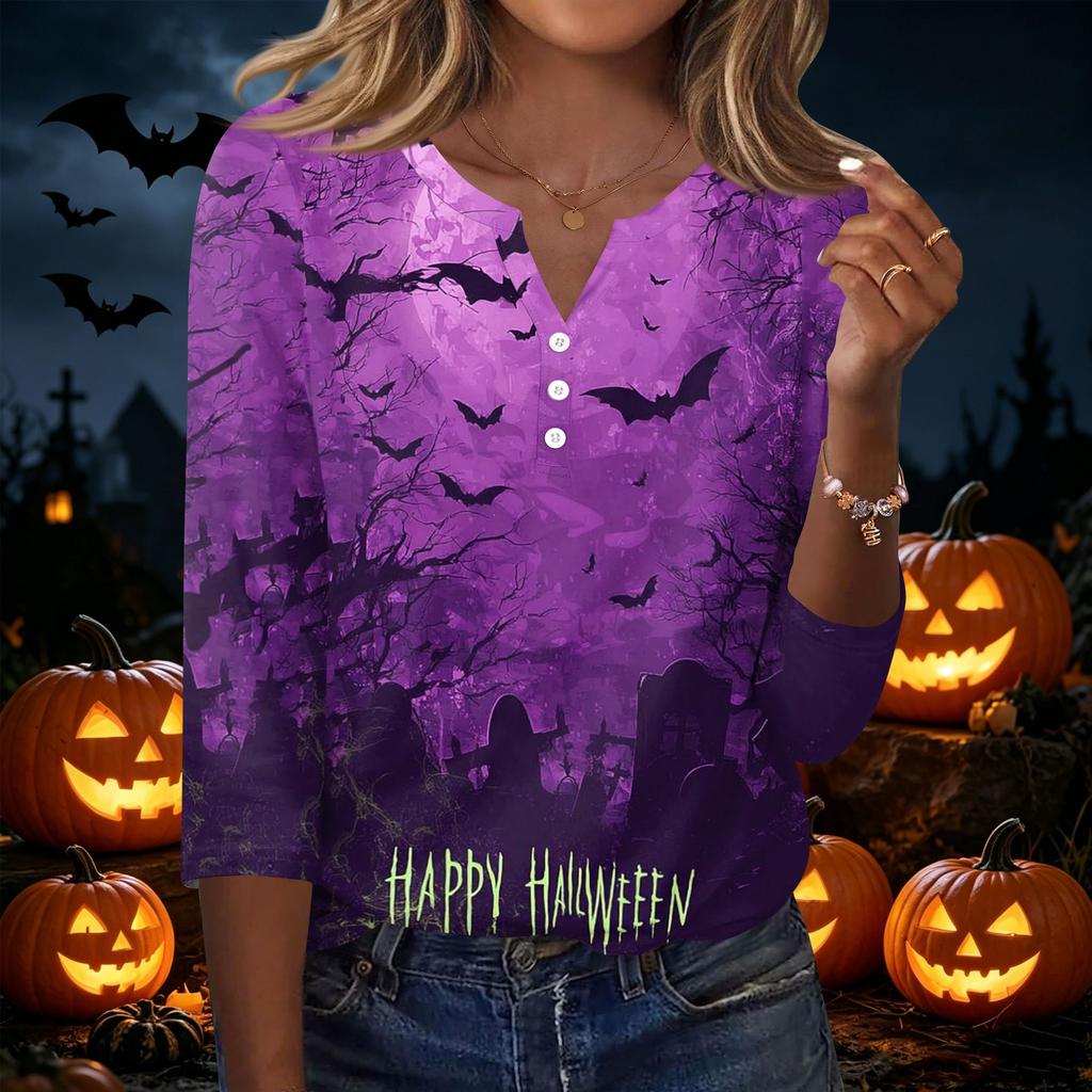 Women's Halloween Printed V Neck Button Front Three Quarter Sleeve Casual Top Lightweight Soft Fabric Comfortable Fit