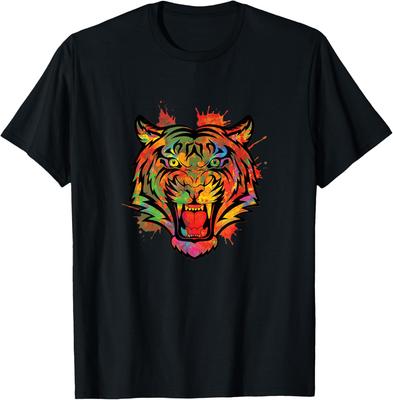 Colorful Watercolor Tiger Head Print Mens Cotton Casual TShirt Breathable Short Sleeve Tee
