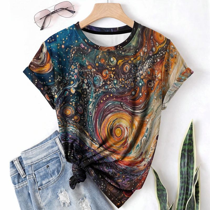 T-shirt da donna estiva a girocollo a maniche corte con motivo astratto stampato in 3D, artistica, leggera, casual e alla moda
