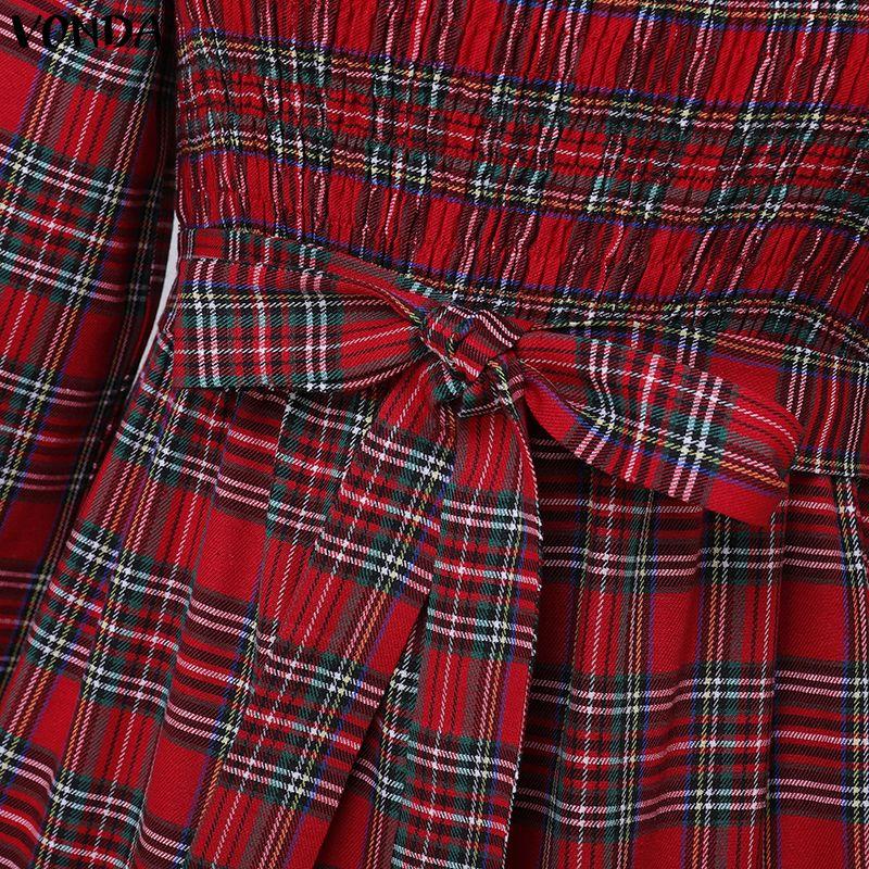 VONDA Rochie Midi Eleganta Retro pentru Femei cu Guler Pătrat, Mâneci Lungi Bufante, Curea, Imprimeu Carouri Vintage