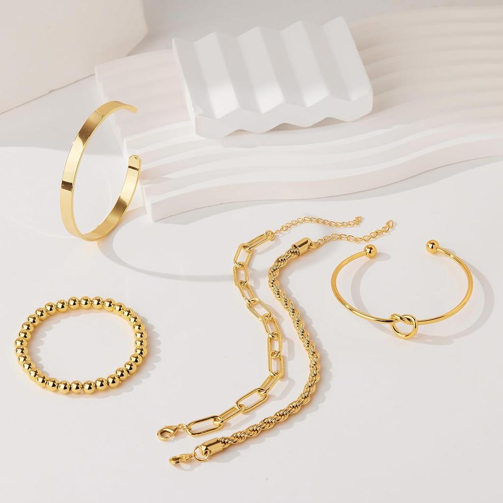 Gold Bracelets for Women Waterproof 14K Gold Plated Chunky Cuff Bangles Tie Knot Cuban Rope Paperclip Beaded Bracelet Stack Gift