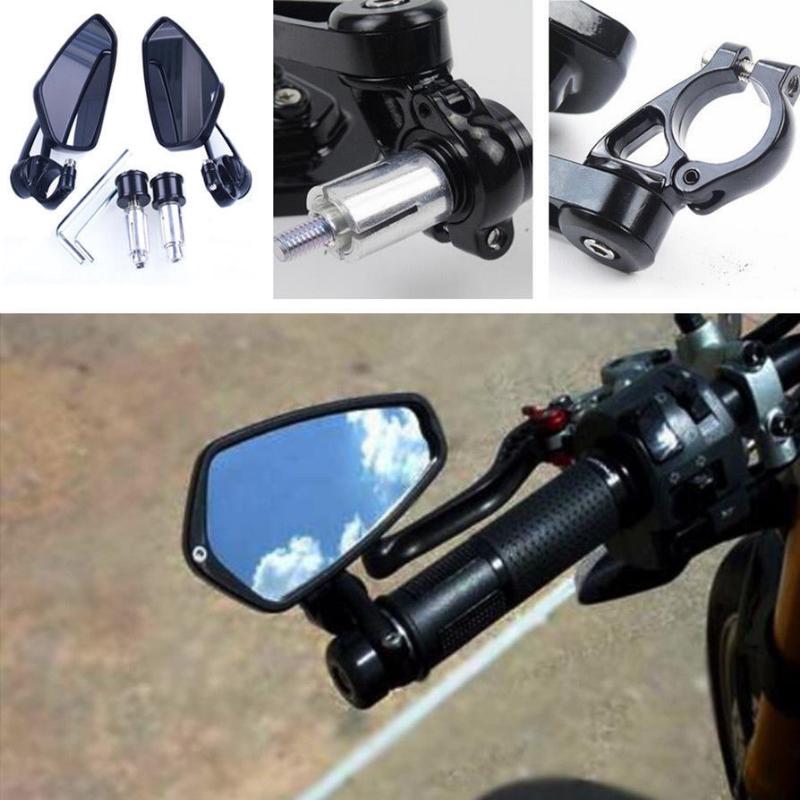 New 1 Pair 7/8 Inch 22mm Universal Motorcycle Aluminum Rear View Black Grip Bar End Side Mirrors