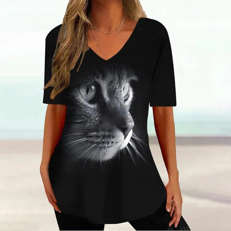 Kawaii Cat T Shirt for Women Painting Print Short Sleeve Tops Summer V-Neck Pullover Female Loose Clothing Tees Shirt