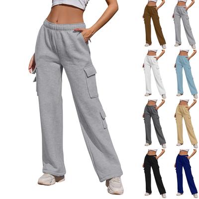 Women's Casual Fashion Solid Color Elastic Waist Drawstring Pockets Wide Leg Straight Pants